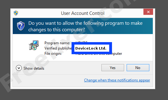 Screenshot where DeviceLock Ltd. appears as the verified publisher in the UAC dialog